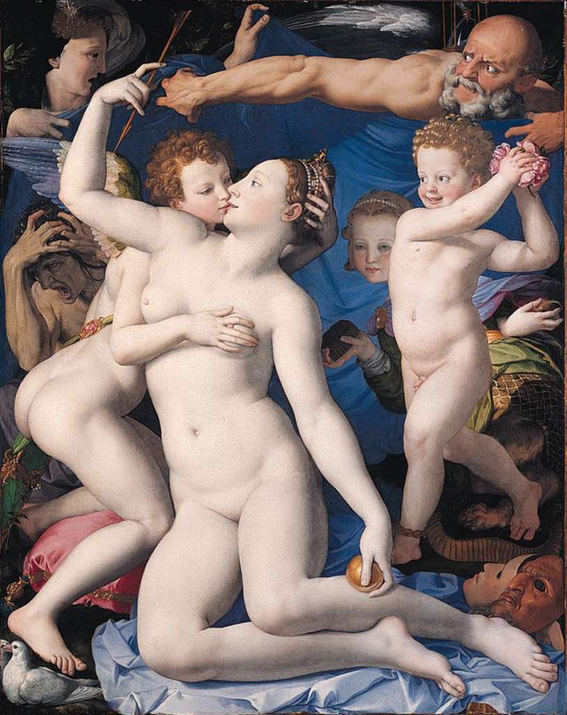 London National Gallery Top 20 10 Bronzino - An Allegory with Venus and Cupid (Agnolo) Bronzino  An Allegory with Venus and Cupid, 1540-50, 146 x 116 cm. Love is no more than transitory. Venus, the goddess of love and beauty, identified by the golden apple given to her by Paris and by her doves, has drawn Cupids arrow. Love is accompanied by Jealousy in the shape of the howling figure pulling his hair out at the centre left. Deceit is the young girl looking out with a falsely innocent air behind the boy holding the roses, with her hands wrong way around holding a sweet honeycomb and a scorpion. Foolish pleasure, the laughing child with an anklet of bells, throws rose petals at them, heedless of the thorn piercing his right foot. Only Folly, represented by a womans face in the top left-hand corner, attempts to screen the eyes of Saturn, the god of Time. Saturn tears her curtain aside with a powerful thrust of his arm, his hourglass warning of ending and death.